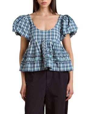 Damson Madder Summer Joy Plaid Organic Cotton Top - Blue