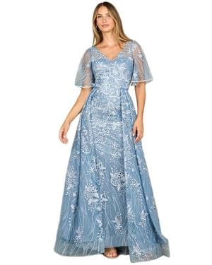 LARA New York Overskirt Lace Fitted V-Neck Gown With Cape Sleeves - Blue