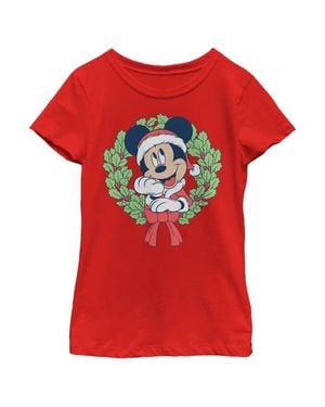 Mickey & Friends Girl's Mickey Mouse Christmas Wreath Graphic Tee - Red