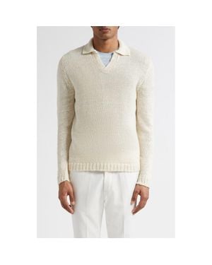 Thom Sweeney Skipper Wide Gauge Linen Blend Polo Sweater - White