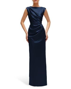After Six Pleated Cap Sleeve Charmeuse Gown - Blue