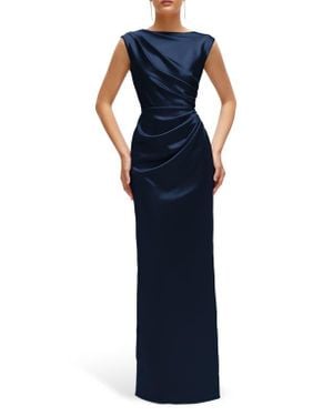 After Six Pleated Cap Sleeve Charmeuse Gown - Blue