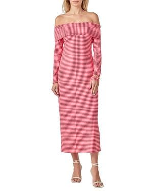 English Factory Gingham Long Sleeve Off-The-Shoulder Midi Dress - Pink