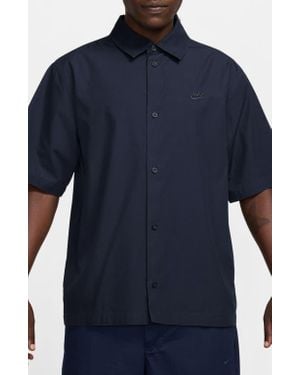 Nike Club Oversize Short Sleeve Cotton Poplin Button-Up Shirt - Blue