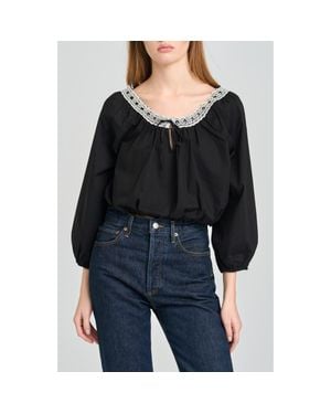 Wayf Mia Boho Lace Trim Gathered Stretch Cotton Top - Black