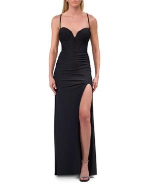 La Femme Corset Jersey Dress With Deep V-Neckline - Black