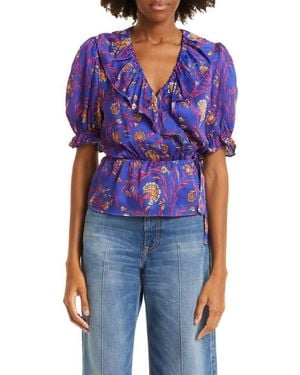 Ba&sh Chella Puff Sleeve Peplum Top - Blue