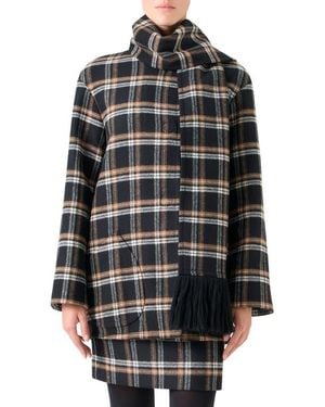Akris Punto Plaid Double Face Wool Blend Jacket With Removable Scarf - Black