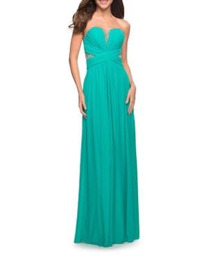 La Femme Stunning Beaded Strapless Mesh & Jersey Gown - Green