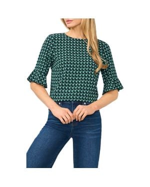 Cece Geo Print Ruffle Cuff Top - Green