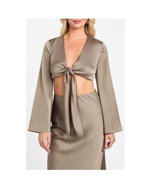 Marciano Monica Tie Front Satin Crop Top - Natural
