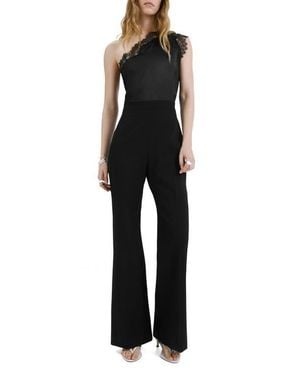 Mango Lace Detail One-Shoulder Jumpsuit - Black