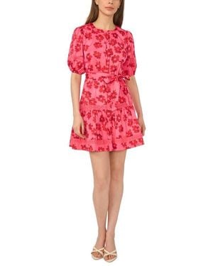 Cece Floral Puff Sleeve Stretch Cotton Minidress - Red