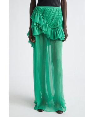 Dries Van Noten Washed Mousseline Silk Ruffle Maxi Skirt - Green