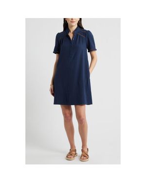 Caslon Ruffle Embroidered Inset Cotton Shift Dress - Blue