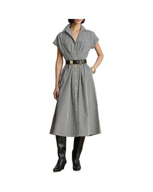 Ralph Lauren Striped Pleated Broadcloth Midi Shirtdress - Gray