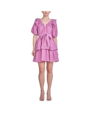 Endless Rose Ruffle Tie Waist Puff Sleeve Tiered Minidress - Pink