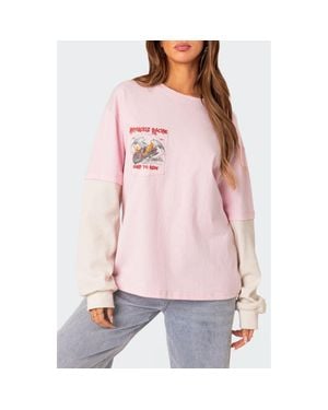 Edikted Racing Oversize Mixed Media Long Sleeve Cotton Graphic T-Shirt - Pink