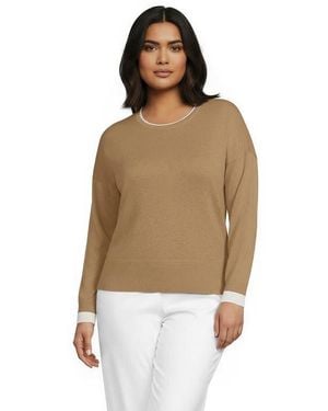 Lands' End Double Trim Cotton Crew Neck Sweater - Natural