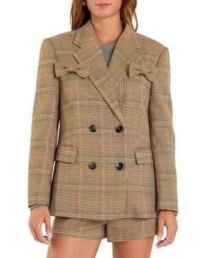 English Factory Glen Check Bow Detail Double Breasted Blazer - Brown