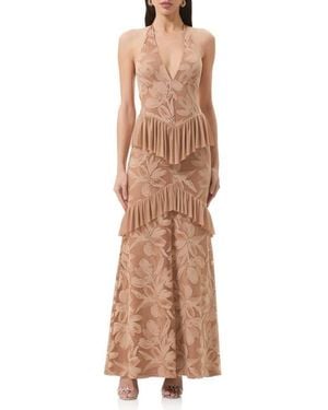 AFRM Athens Floral Lace Ruffle Halter Maxi Dress - Natural