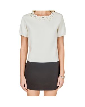 Endless Rose Embellished Floral Appliqué Short Sleeve Sweater - Gray