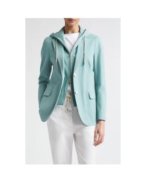 Eleventy Laser Cut Cotton Blend Knit Jacket With Hooded Zip Inset - Blue