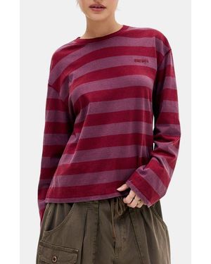 BDG Stripe Long Sleeve Boxy Cotton Top - Red
