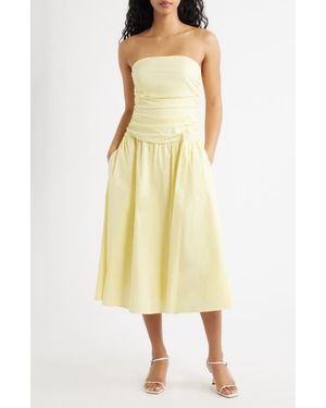Lulus Molly Ruched Bodice Strapless A-Line Midi Dress - Yellow