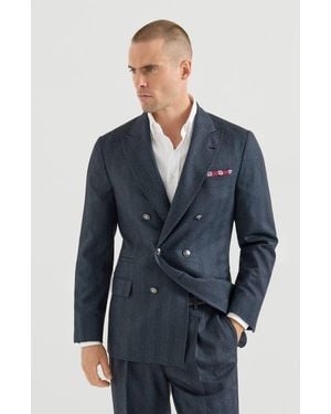 Brunello Cucinelli Cashmere And Silk Chevron Flannel One-And-A-Half Breasted Deconstructed Blazer With Metal Buttons - Blue