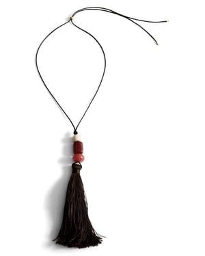 Mango Stone Bead Tassel Pendant Necklace - Black