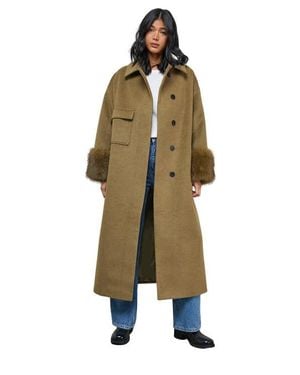 Warehouse Patch Pocket Faux Fur Cuff Maxi Coat - Green