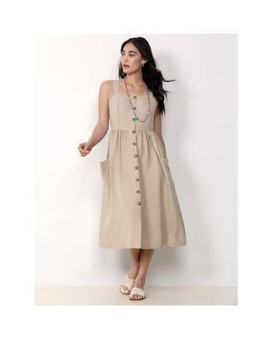 Single Stitch Button Front Midi Dress - Natural