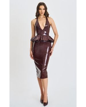 Miss Circle Jaslene Ruched Peplum Plunge Halter Midi Dress - Red