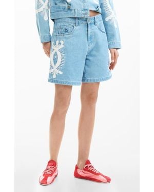 Desigual Appliqué High Waist Denim Shorts - Blue