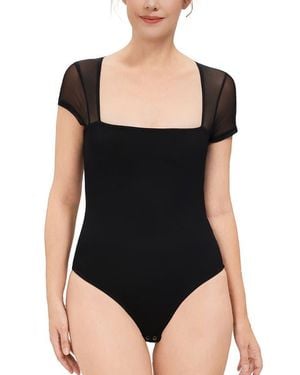 Kimi + Kai Square Neck Sheer Sleeve Bodysuit Top - Black