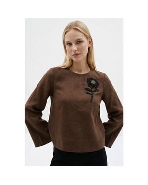 Exquise Fifine Long Sleeve Linen Blouse - Brown