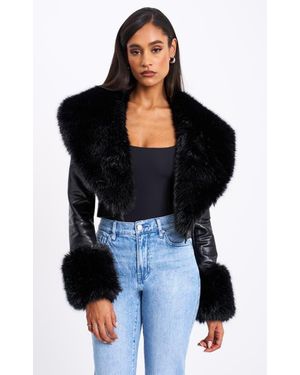 Miss Circle Ziah Cropped Leather Jacket With Fur Collar - Black