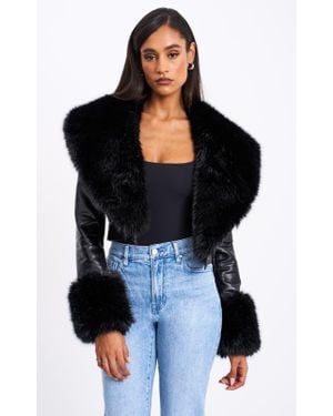 Miss Circle Ziah Cropped Leather Jacket With Fur Collar - Black