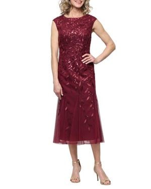 Alex Evenings Sequin Leaf Embroidery Cocktail Midi Dress - Red