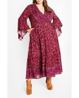 City Chic Adhara Mixed Print Long Sleeve Maxi Dress - Red