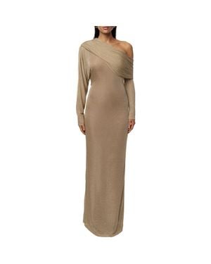 JLUXLABEL Drape & Shine Metallic One-Shoulder Long Sleeve Knit Dress - Natural