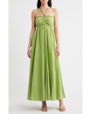 Parker Ruched Halter Neck Cotton Maxi Sundress - Green