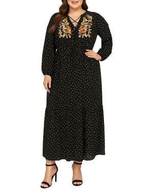 Standards & Practices Embroidered Detail Polka Dot Long Sleeve Maxi Dress - Black