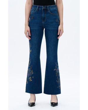 Bayeas Embroidered Raw Hem High Waist Flare Jeans - Blue