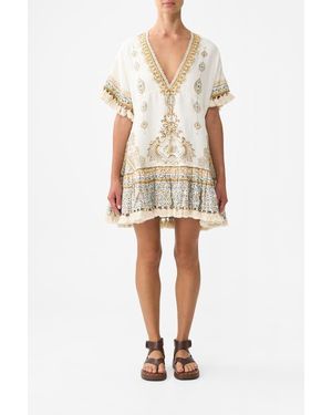 CAMILLA Short V Neck Embroidered Dress - Natural