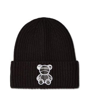 Memoi Plaid Bear Ribbed Embroidered Beanie - Black