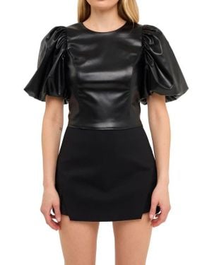 Endless Rose Puff Sleeve Faux Leather Crop Top - Black