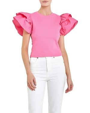 English Factory Mix Media Ruffle Sleeve Cotton Rib Top - Pink