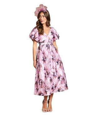 Coast Short Puff Sleeve Belted Midi Dress - Pink